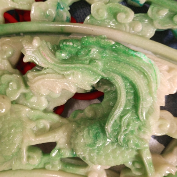 Chinese Carved Green Lacquer Firey Dragon Hanging Fan Red Lucky Knots & Tassels - Picture 13 of 14